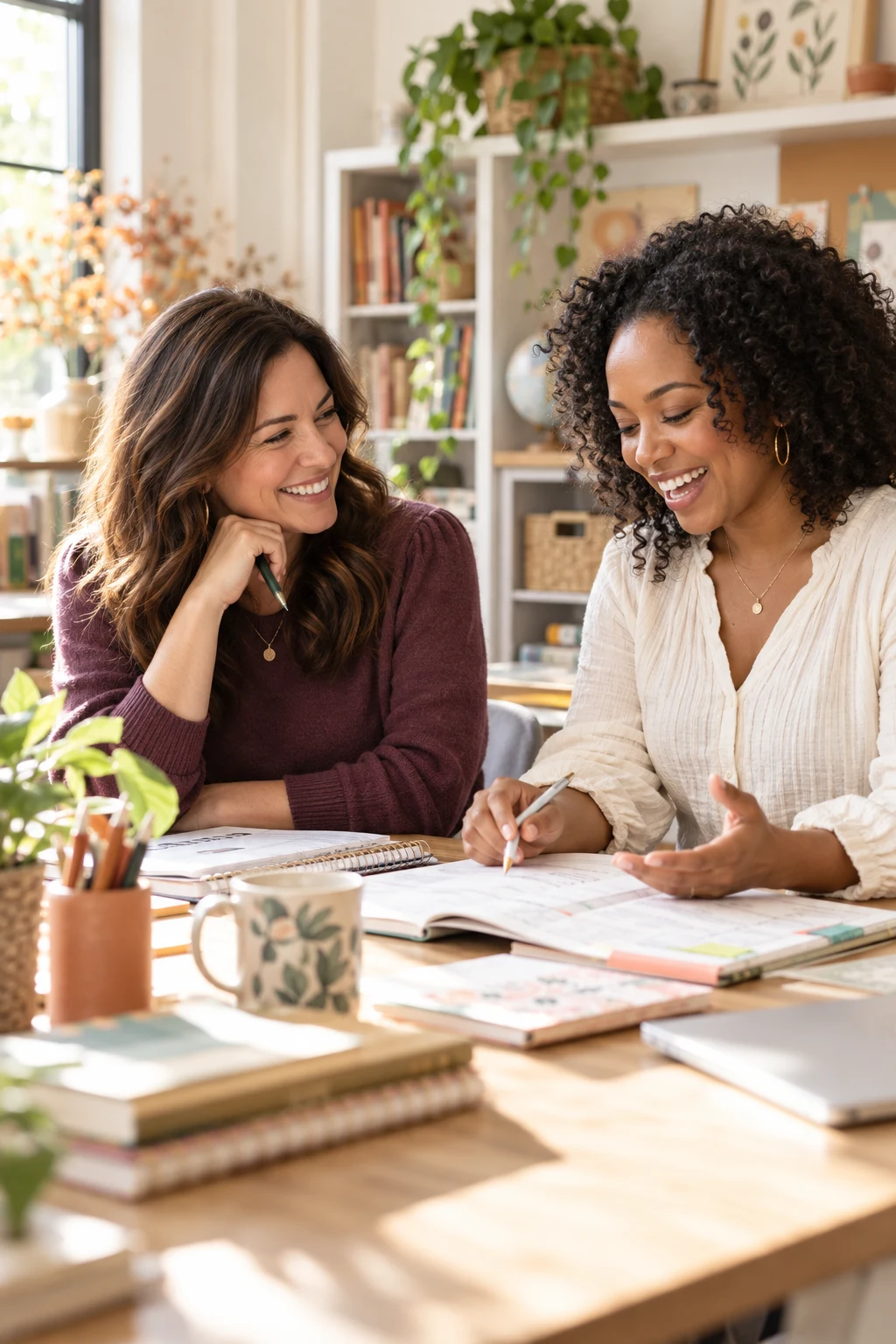 Illustrative scene of two teachers collaborating over lesson notes in a sunlit classroom